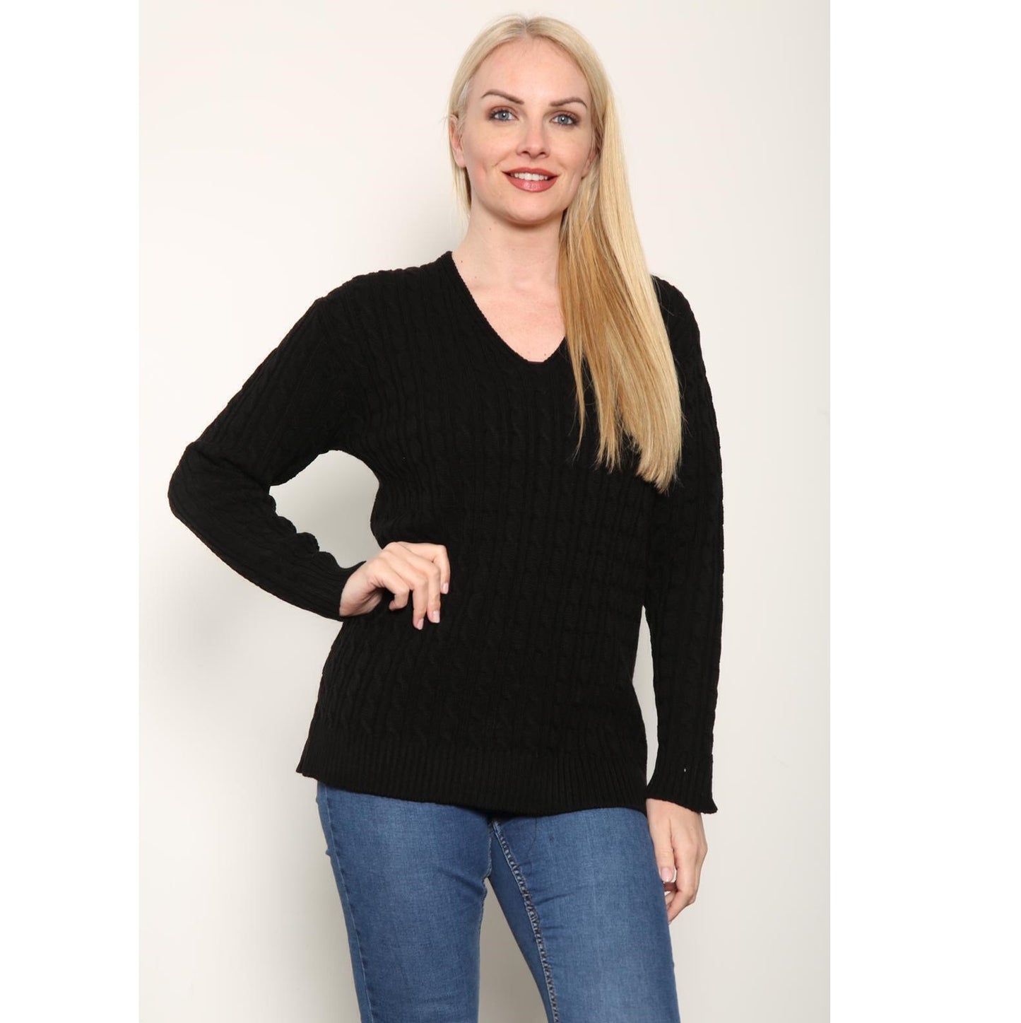 WOMEN'S LADIES CABLE KNITTED LONG SLEEVE CABLE JUMPER V NECK TOP WINTER SWEATER