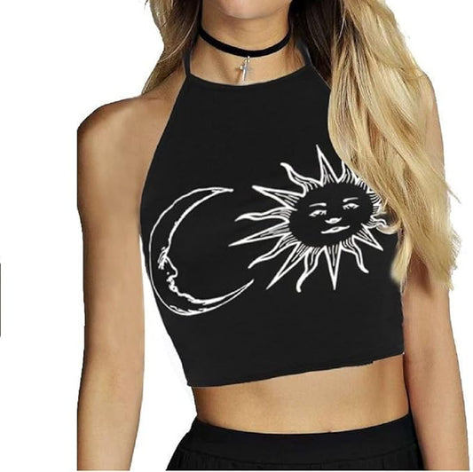 Womens Ladies New Sun Moon Print Tie Up Square Halter Neck Plain Crop Top Sleeveless Vest T Shirt Top