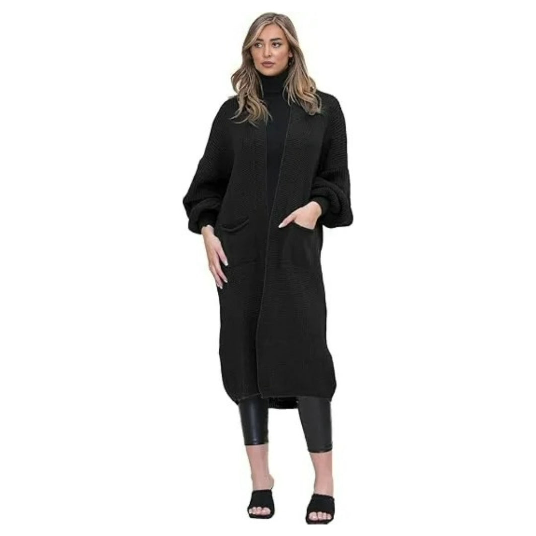 Ladies Oversized Long Cardigan Balloon Sleeve Chunky Ribbed Open Knitted Maxi Jumper Ladies Maxi Knitted Puff Sleeve 2 Pocket Cardigan Boyfriend Sweater Top UK One Size