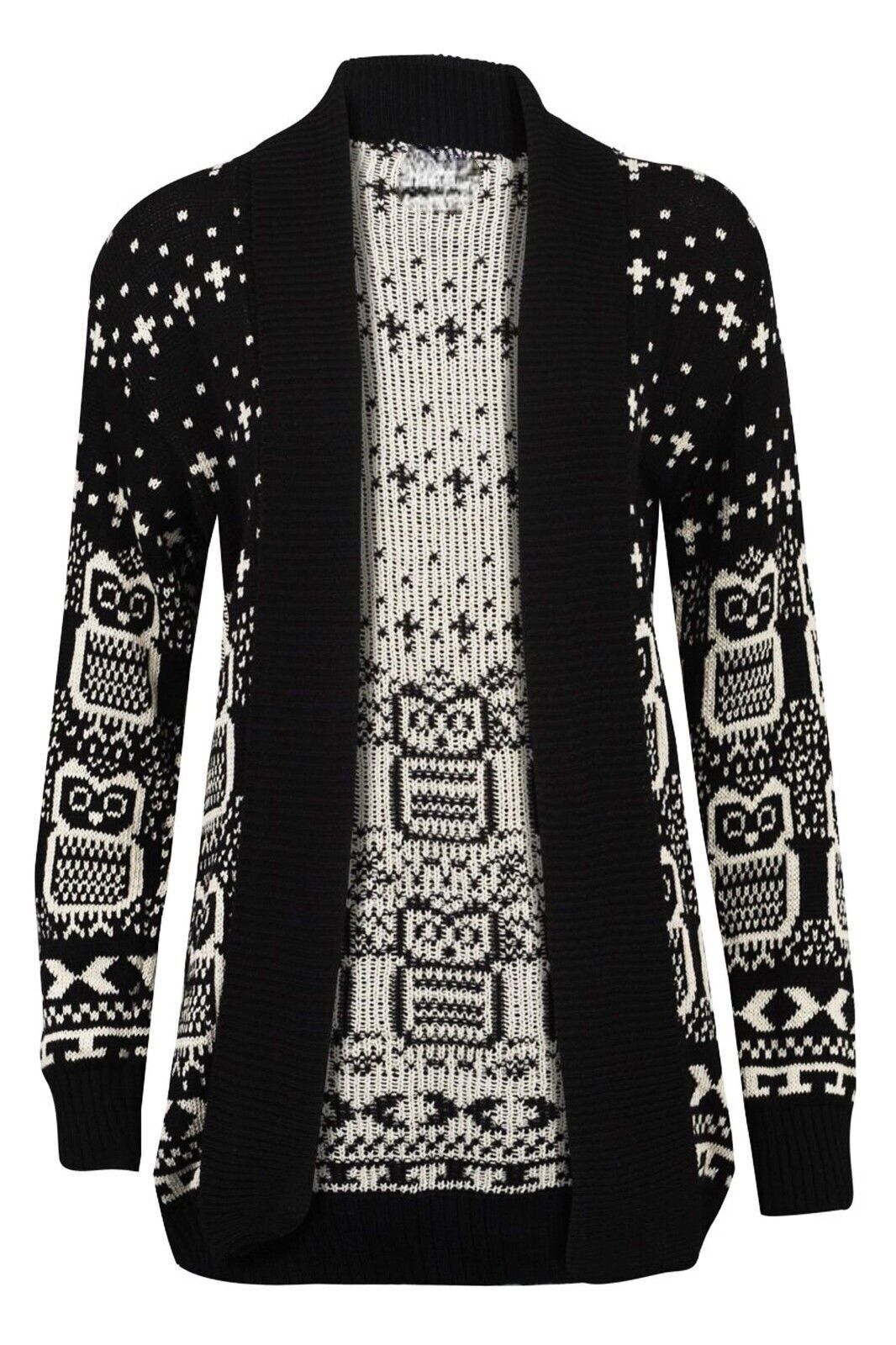 Women's Halloween Skull Drape Aztec Long Knitted Cardigan Ladies Owl Leopard Open Jumper Knitwear Top UK 8-22