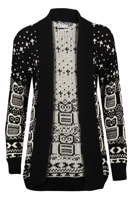 Women's Halloween Skull Drape Aztec Long Knitted Cardigan Ladies Owl Leopard Open Jumper Knitwear Top UK 8-22