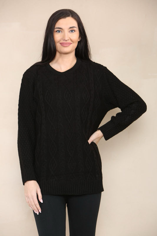 LUXE DIVA LADIES ROUND NECK LONG SLEEVE KNITTED JUMPER SELF PATTERN WITH DIAMOND ALL WAY DOWN CABLE KNIT