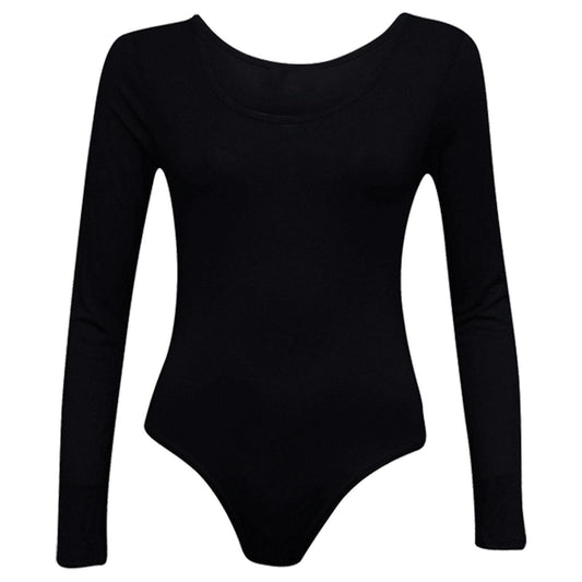 Ladies New Plain Round Neck Long Sleeve Slim Fit Basic Stretchy Leotard Bodysuit Top