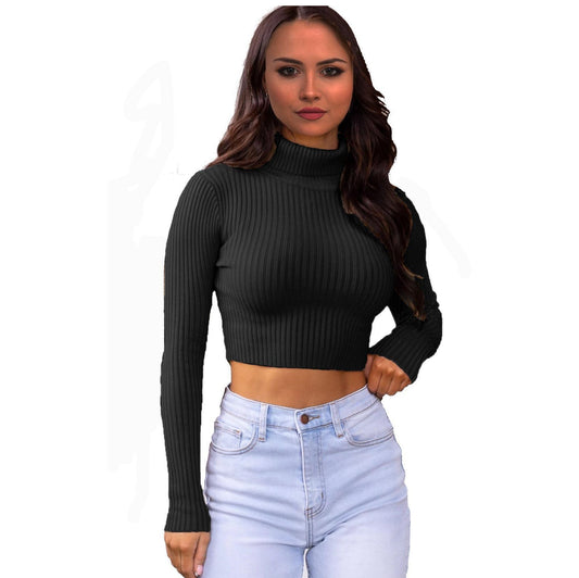 Women Long Sleeves knitted Ribbed Polo Neck Crop Jumpers Top Ladies Sweaters UK.