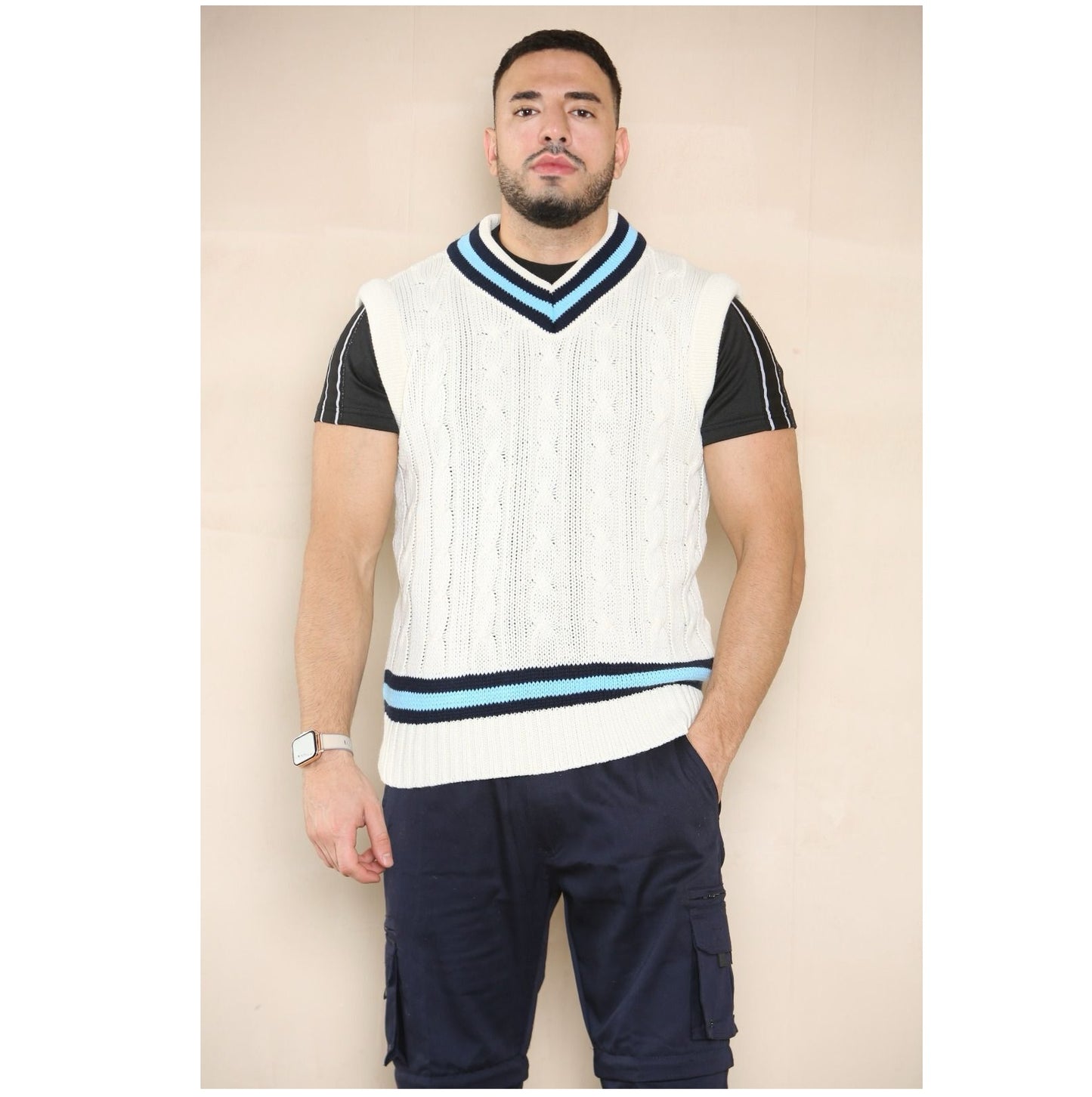 Mens Cricket Jumper V Neck Sleeveless Casual Wear Cable Knitted tank top 8 to 26