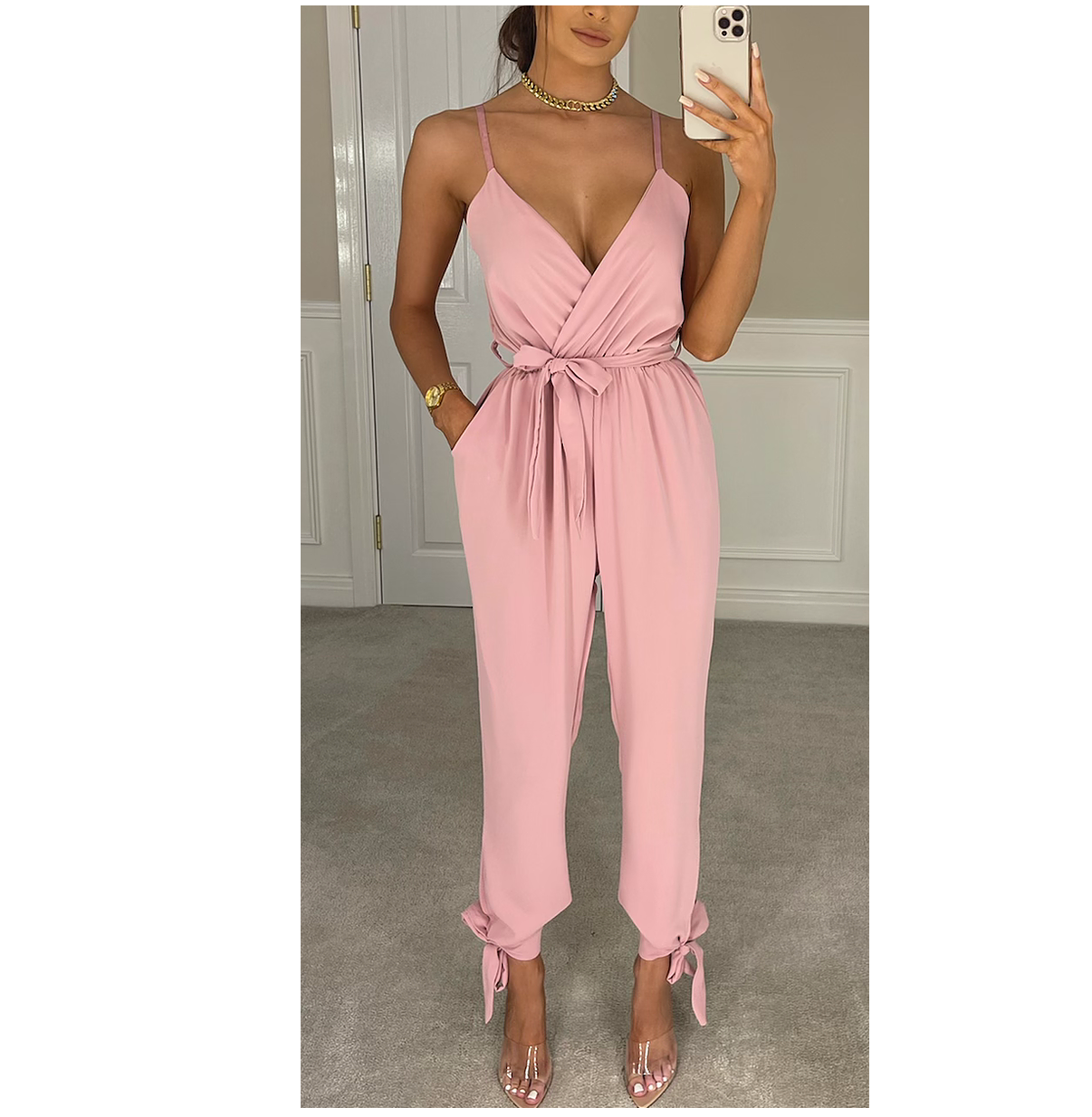 LUXE DIVA Women's V Neck Wrap Over Ankle Tie Waist Jumpsuit Ladies Harem Wide Leg Playsuit