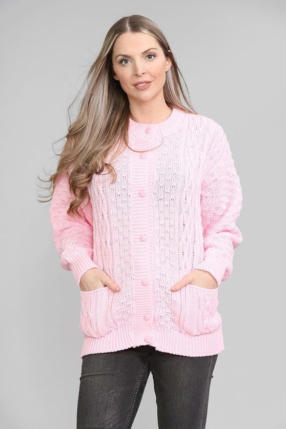 Womens Cable Knit Crew Neck Cardigan Ladies Knitted Pocket Front Button Up Aran Long Sleeve Sweater UK 8-22