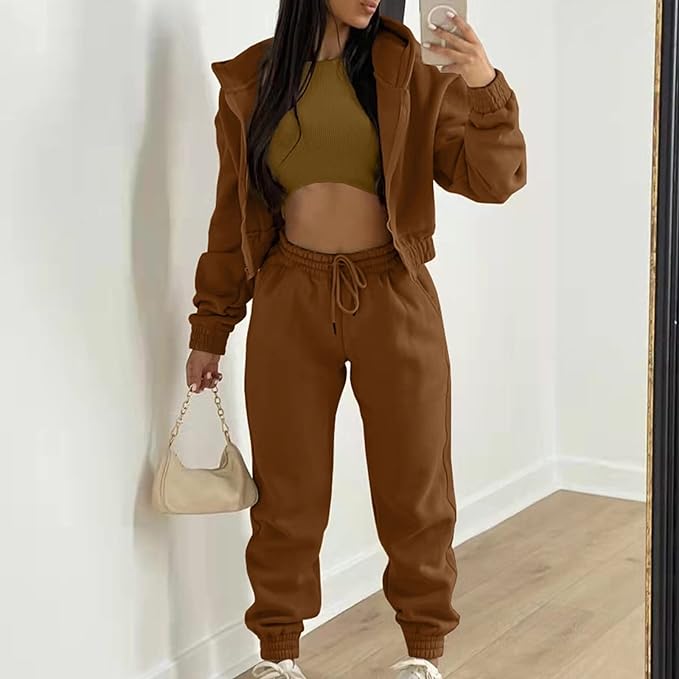 Hoodie Suit Women's Winter 3-Piece Women's Casual Tracksuit Autumn and Winter Top Vest Trousers Set Fashionable Plain Zip Hooded Trousers Casual Three Piece Set Leisure Suit