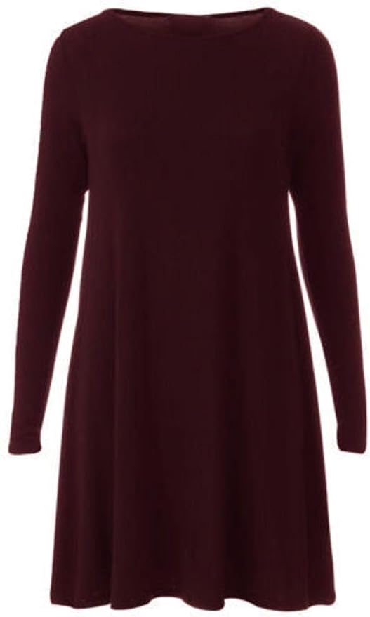 Womens Plain Long Sleeve Stretch A Line Skater Flared Swing Dress Top