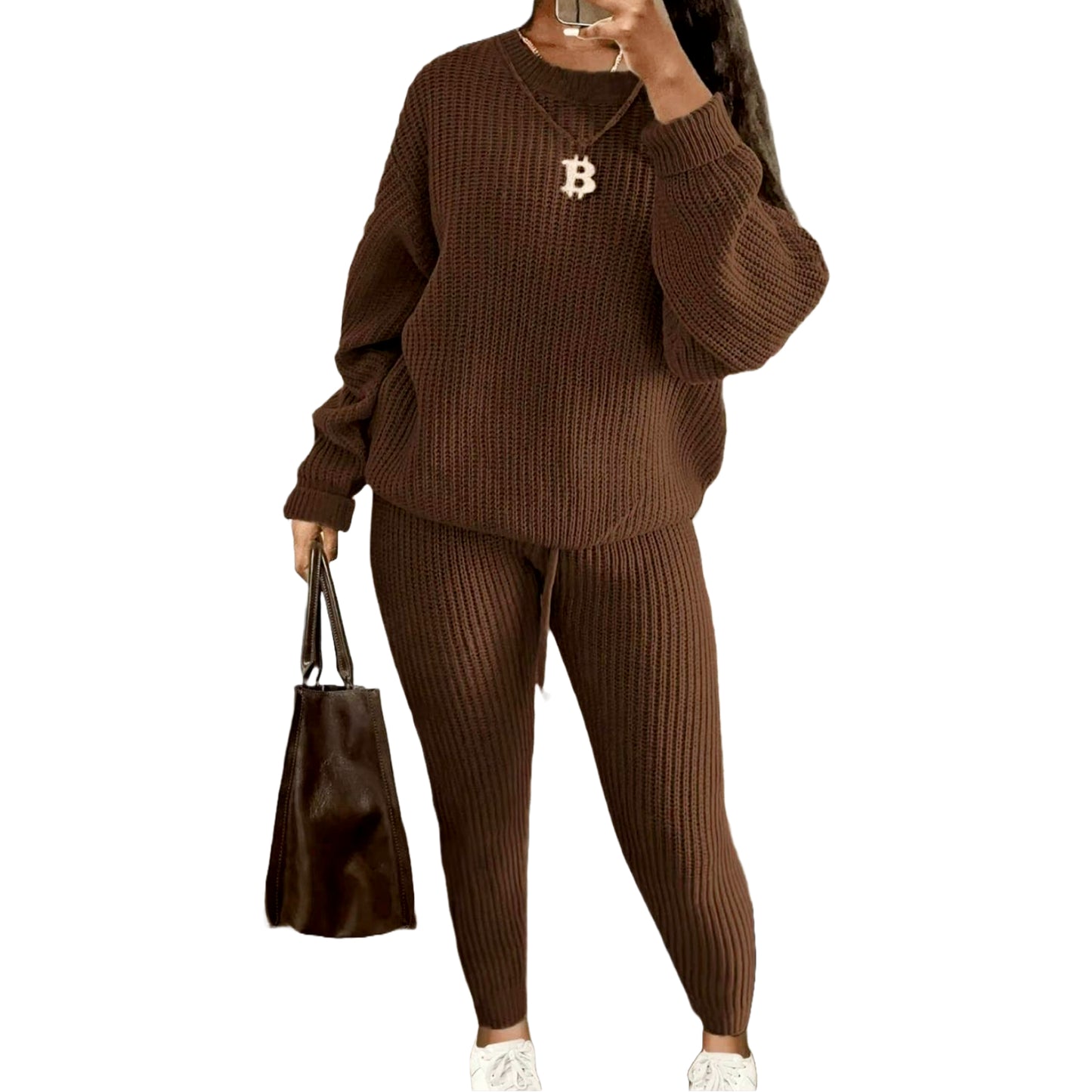 Women's Solid Drop Shoulder Sweater Set, 2024 New Drop Shoulder Rib-Knit Sweater & Pants Set