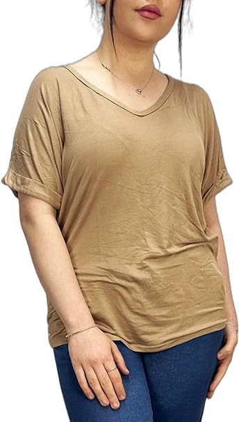 Women's New Plus Size Womens Short Turn Up Sleeve Baggy Plain Top Ladies V-Neck T-Shirt 16-26