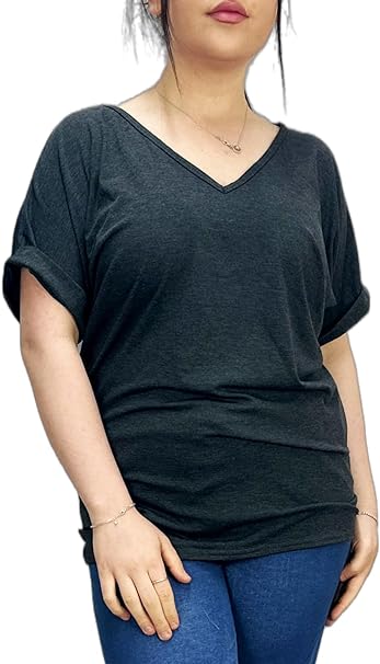 Women's New Plus Size Womens Short Turn Up Sleeve Baggy Plain Top Ladies V-Neck T-Shirt 8-14