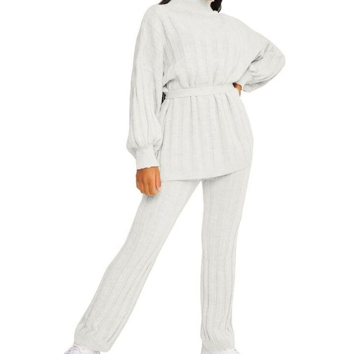 Women High Neck Belted Knitted Two Piece Set Lounge Wear Tracksuits