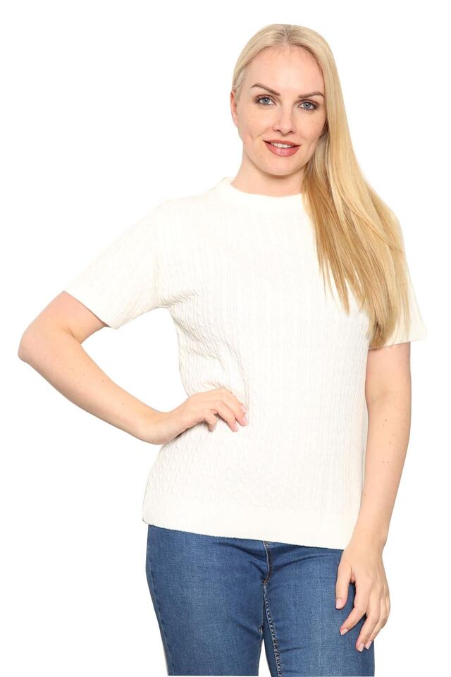 Womens Cable Knitted Jumper Short Sleeve Crew Neck Soft Smooth Warm Pullover Top