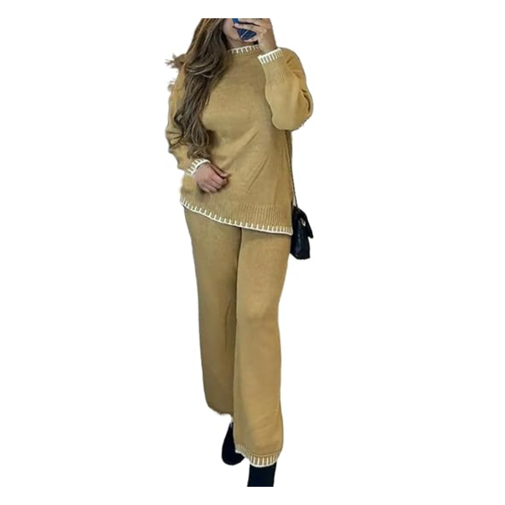 LUXE DIVA Ladies Knitted Stitched Wide Leg 2PCS Co-ord Suit Sweater Loungewear Set