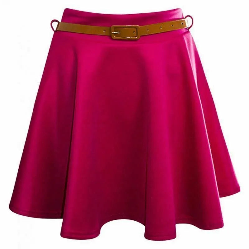 LUXE DIVA Womens Belted Flared Mini Swing Skirt Short Skater Party Plain Ladies UK 8-22