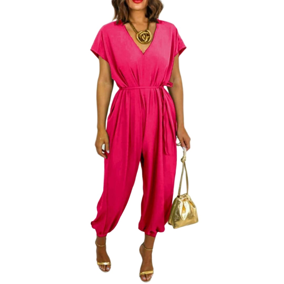 LUXE DIVA Womens V Neck Tie Belted Waist Parachute Wide Leg Jumpsuit Ladies Harem Playsuit