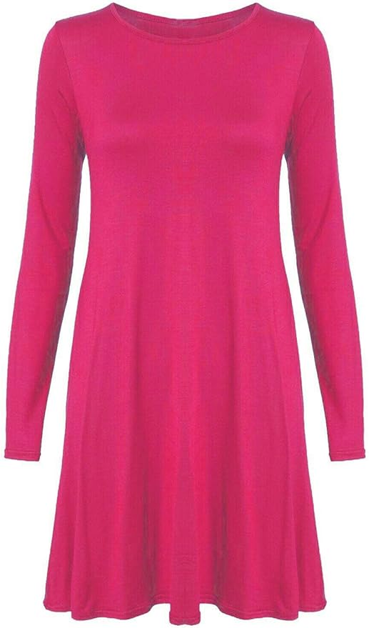 Womens Plain Long Sleeve Stretch A Line Skater Flared Swing Dress Top