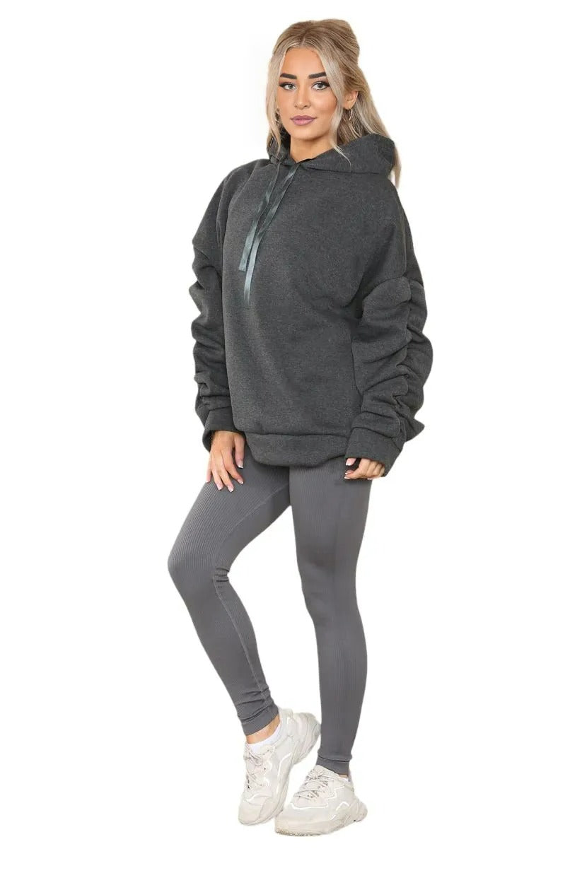 Womens Ladies Ruched Sleeve Fleece Hoodie Oversized Hooded Sweatshirt Jumper Top