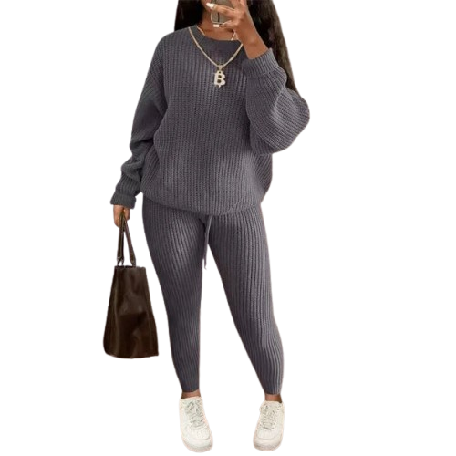 Women's Solid Drop Shoulder Sweater Set, 2024 New Drop Shoulder Rib-Knit Sweater & Pants Set