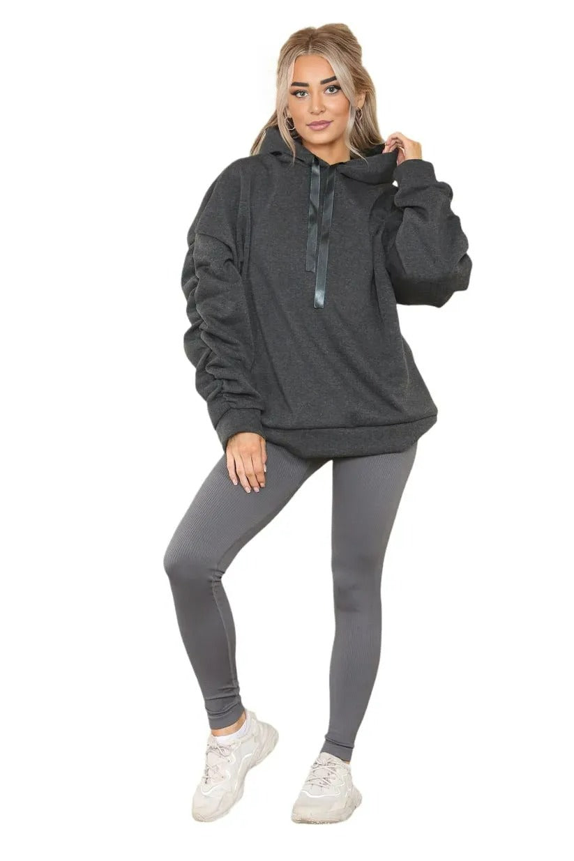 Womens Ladies Ruched Sleeve Fleece Hoodie Oversized Hooded Sweatshirt Jumper Top