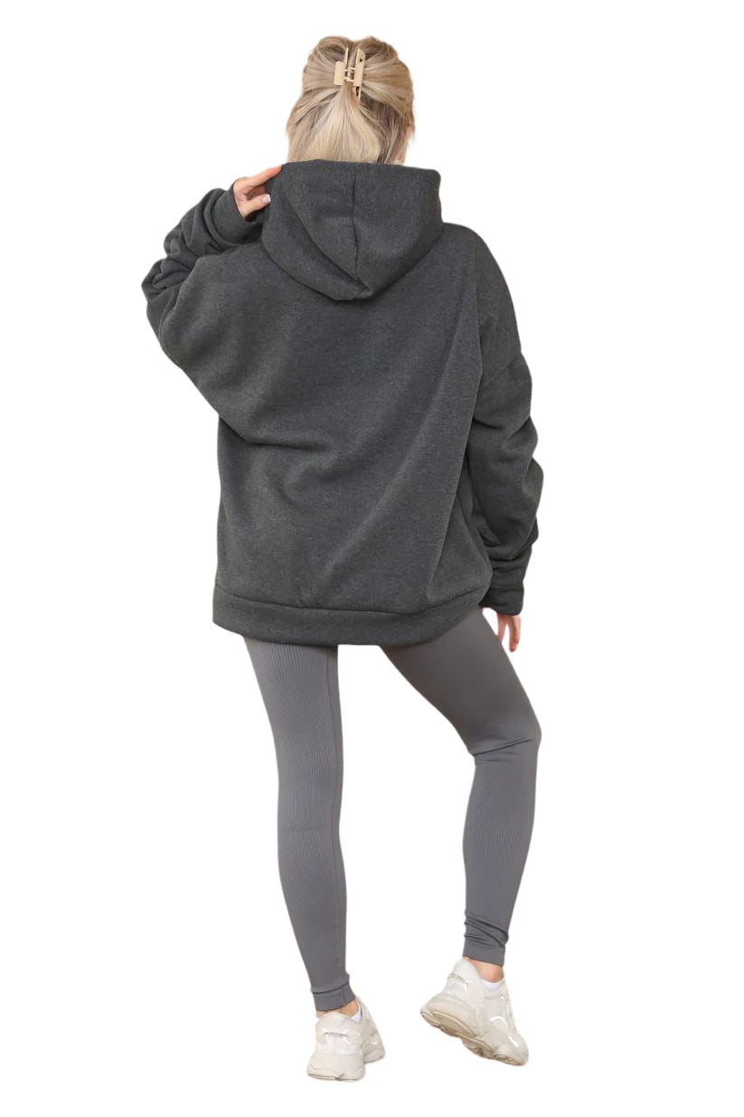 Womens Ladies Ruched Sleeve Fleece Hoodie Oversized Hooded Sweatshirt Jumper Top