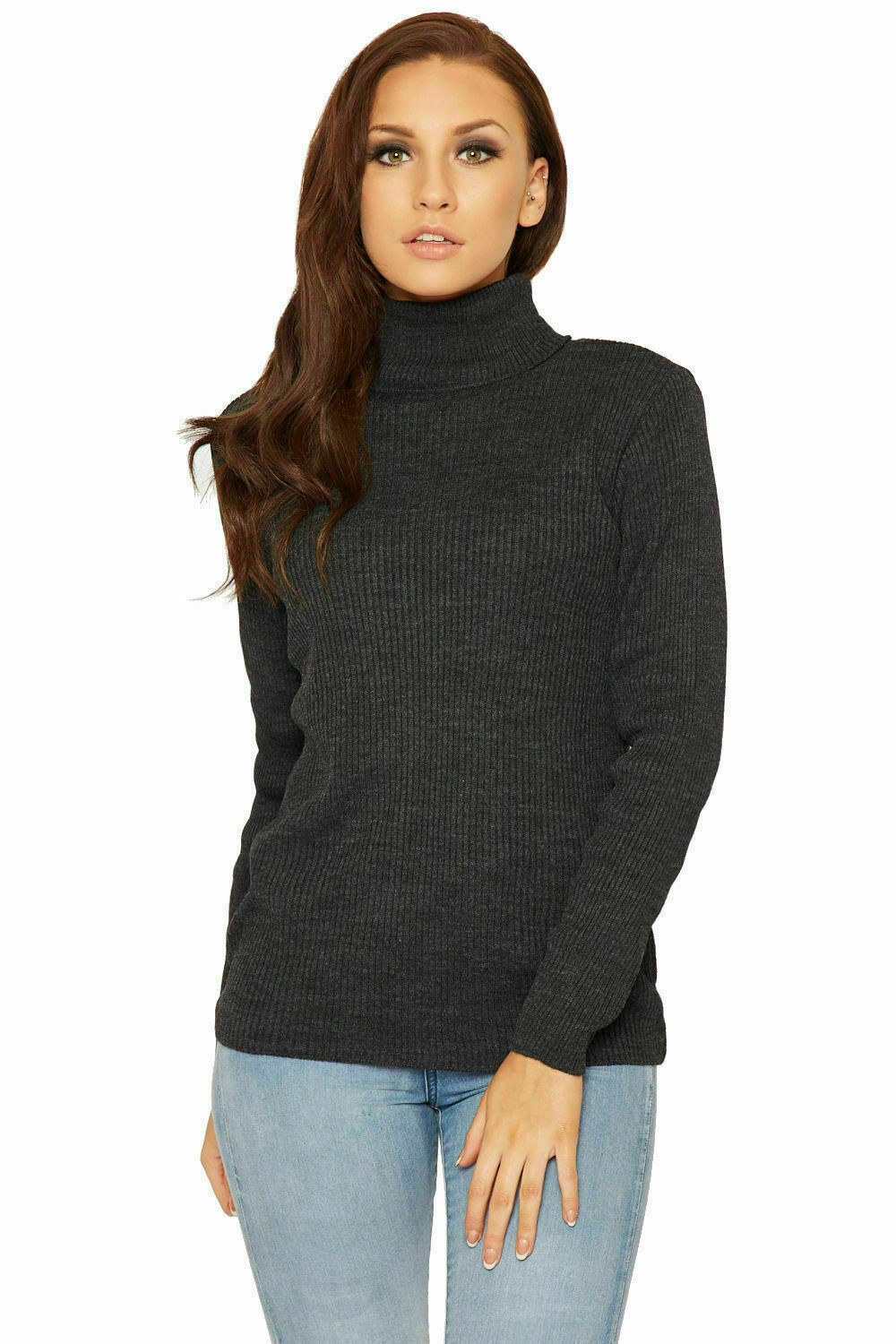 Plus Size Ladies High Polo Roll Neck Long Sleeve Ribbed Knitted Jumper Sweater