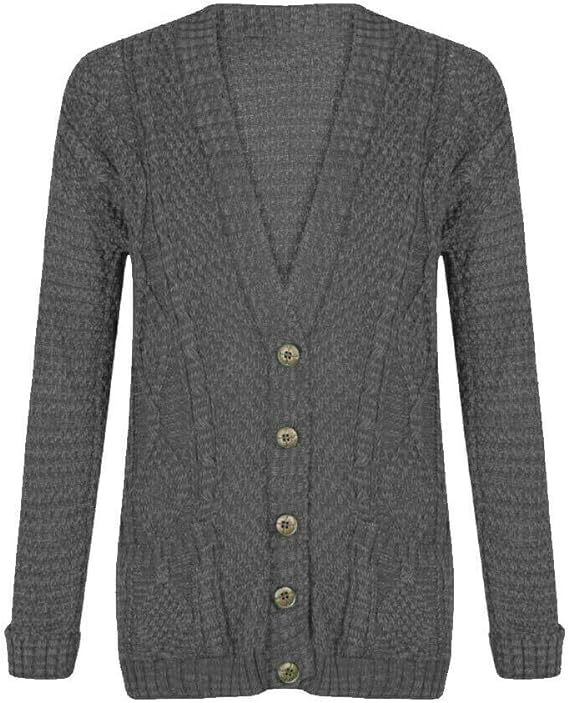 New Womens Everyday Long Sleeve Button Top Ladies Chunky Aran Cable Knit Grandad Cardigan UK Size 8-14