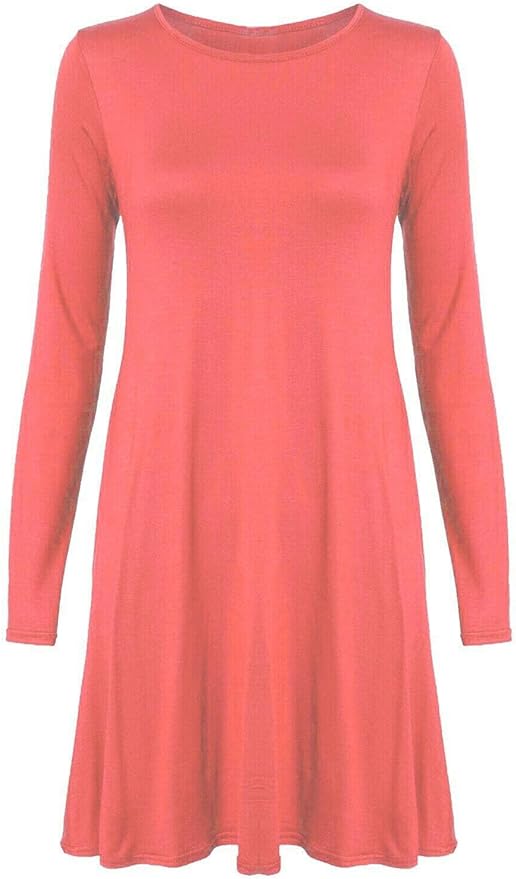 Womens Plain Long Sleeve Stretch A Line Skater Flared Swing Dress Top