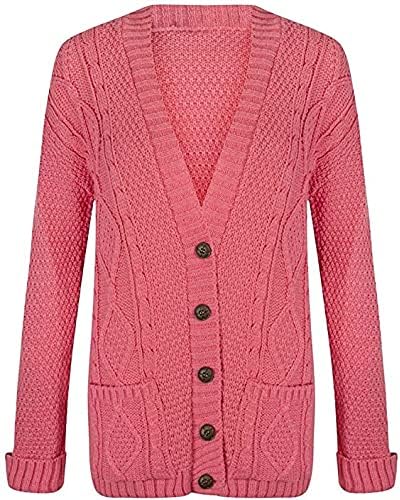 New Womens Everyday Long Sleeve Button Top Ladies Chunky Aran Cable Knit Grandad Cardigan UK Size 16-26