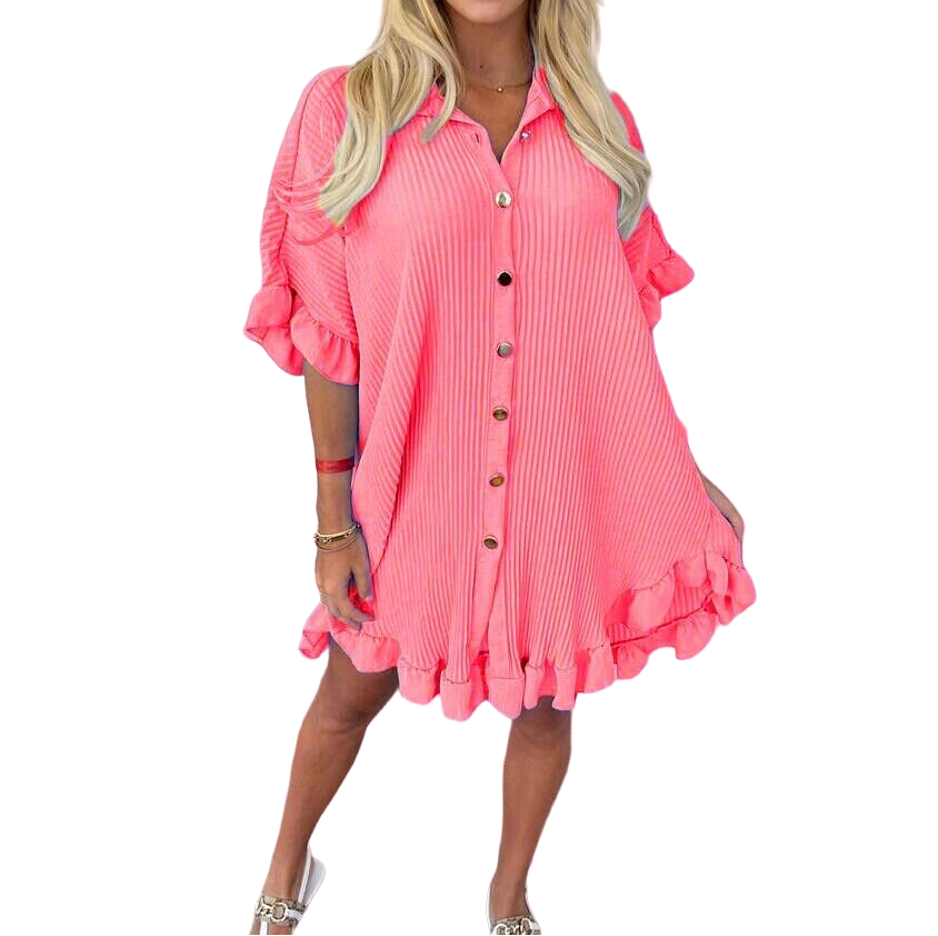 Womens Ladies Gold Button Pleated Frill Summer Shirt Swing Smock Mini Dress Top