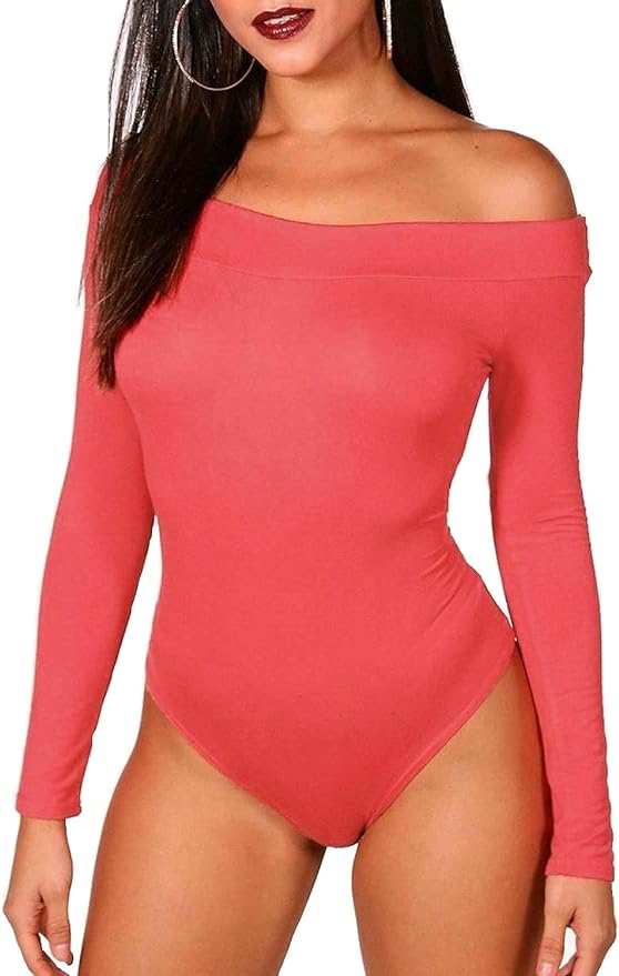 Ladies Womens Off Shoulder Long Sleeve Top Plain Stretch Bardot Bodysuit Leotard UK 8-26