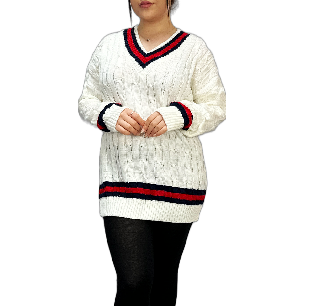 Womens New Long Sleeves Ladies Cable Knitted V Neck Stretch Cricket Sweater Jumper