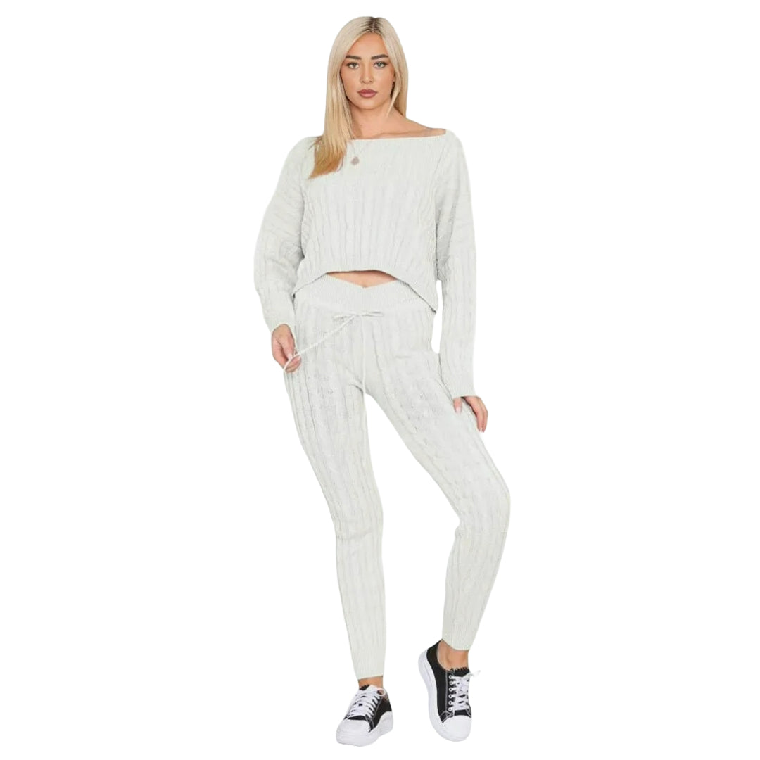 Womens Loungewear Ladies Cable Knitted Top Bottom Two Piece Co-Ords Set Tracksuit Sizes 8-14