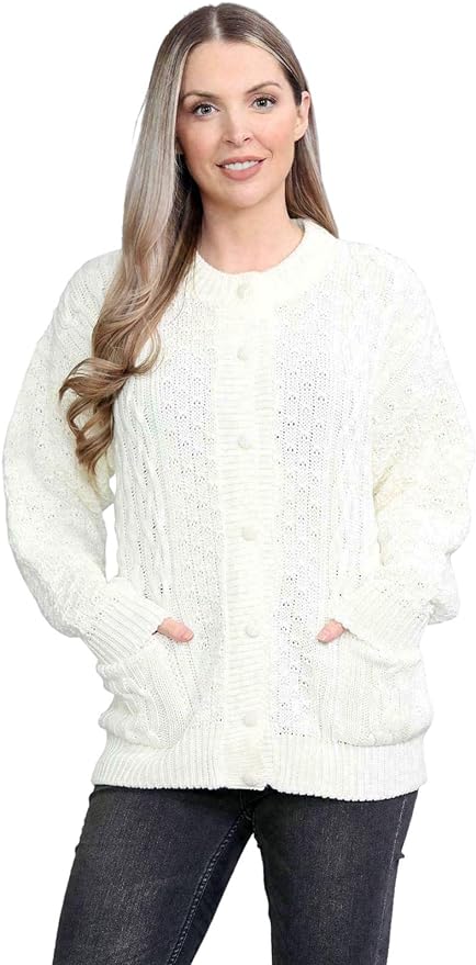 Womens Cable Knit Crew Neck Cardigan Ladies Knitted Pocket Front Button Up Aran Long Sleeve Sweater UK 8-22