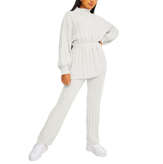 Ladies women high neck belted knitted two piece set lounge wear 2PCs Tracksuits