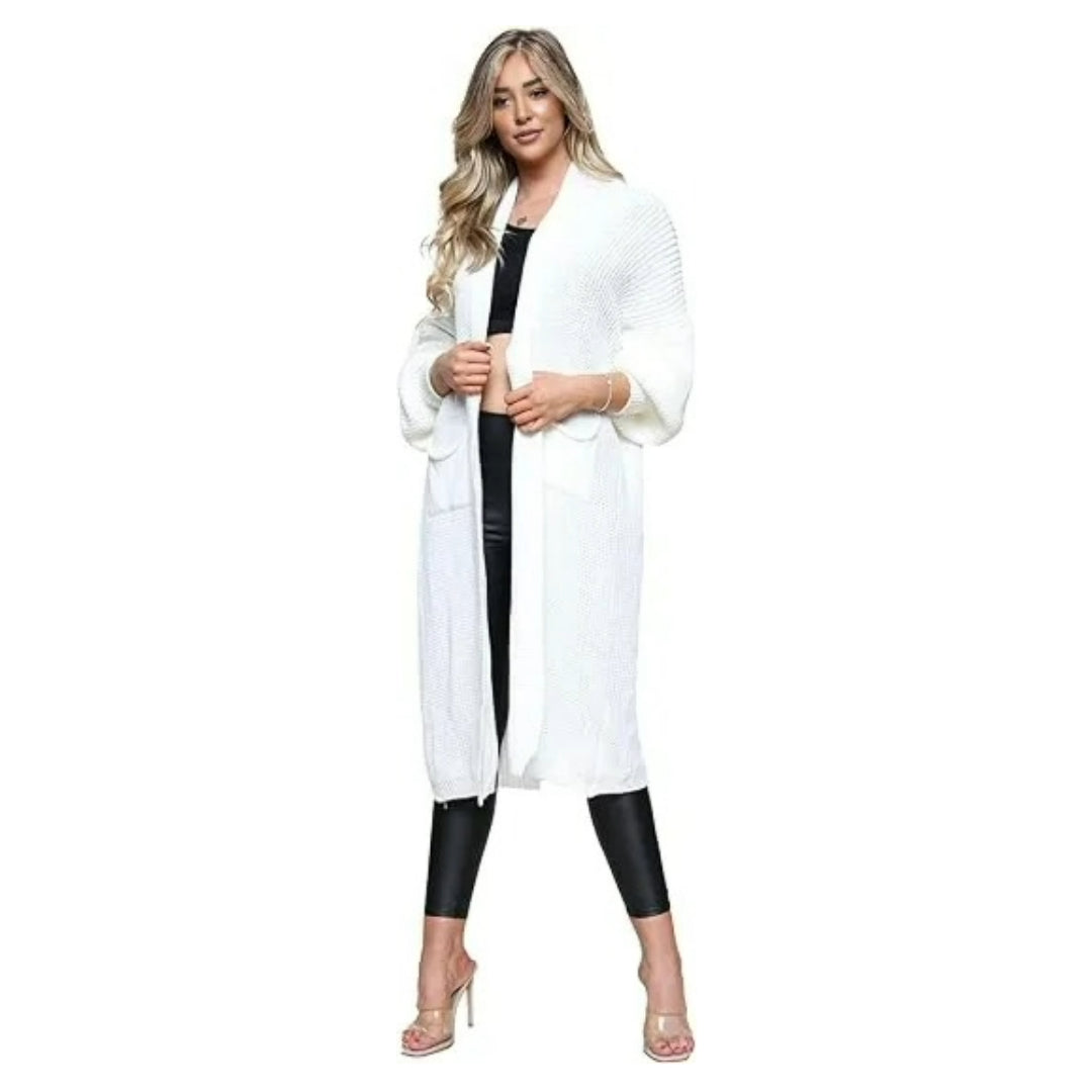 Ladies Oversized Long Cardigan Balloon Sleeve Chunky Ribbed Open Knitted Maxi Jumper Ladies Maxi Knitted Puff Sleeve 2 Pocket Cardigan Boyfriend Sweater Top UK One Size