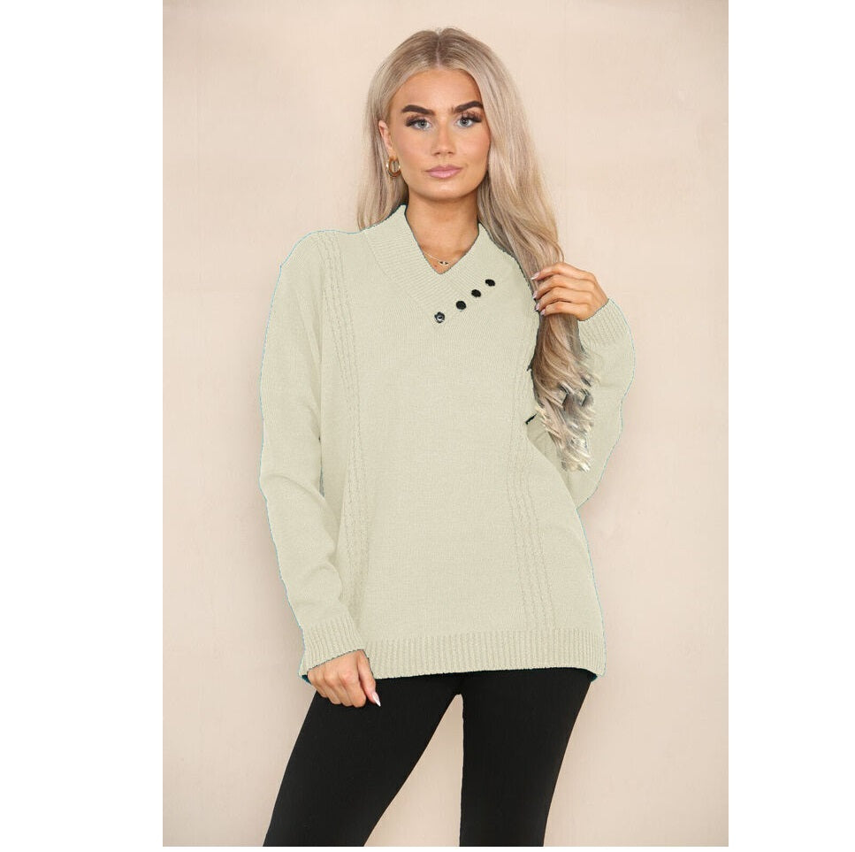 LADIES LONG SLEEVE KNITTED JUMPER VNECK SHAWN COLLAR WITH 4 BUTTONS