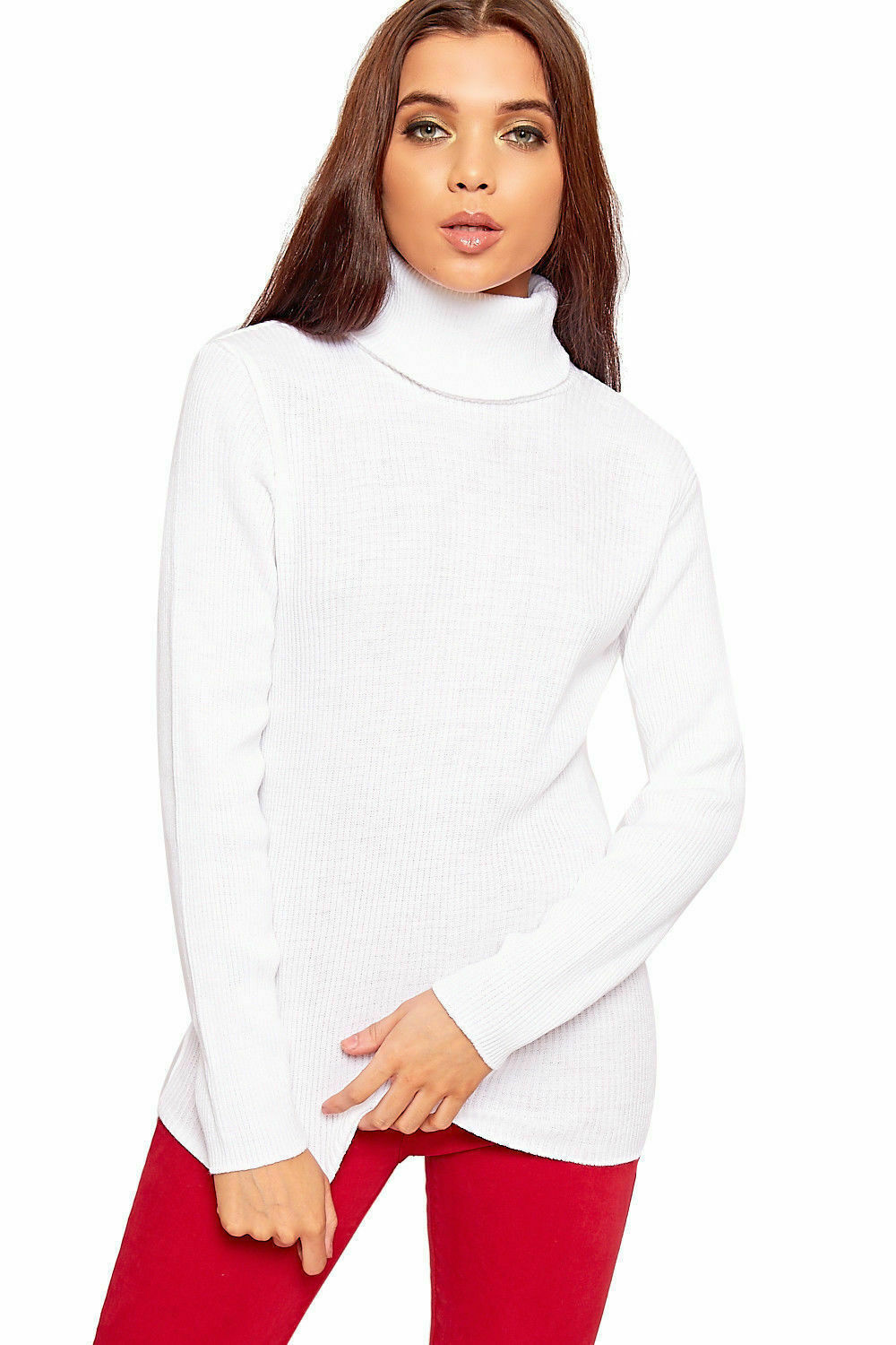 Plus Size Ladies High Polo Roll Neck Long Sleeve Ribbed Knitted Jumper Sweater