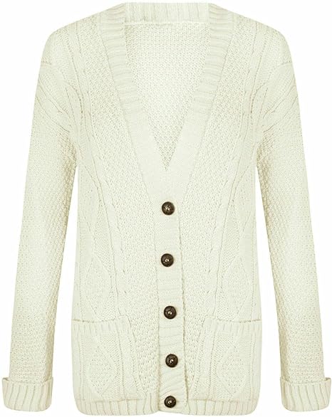 New Womens Everyday Long Sleeve Button Top Ladies Chunky Aran Cable Knit Grandad Cardigan UK Size 8-14