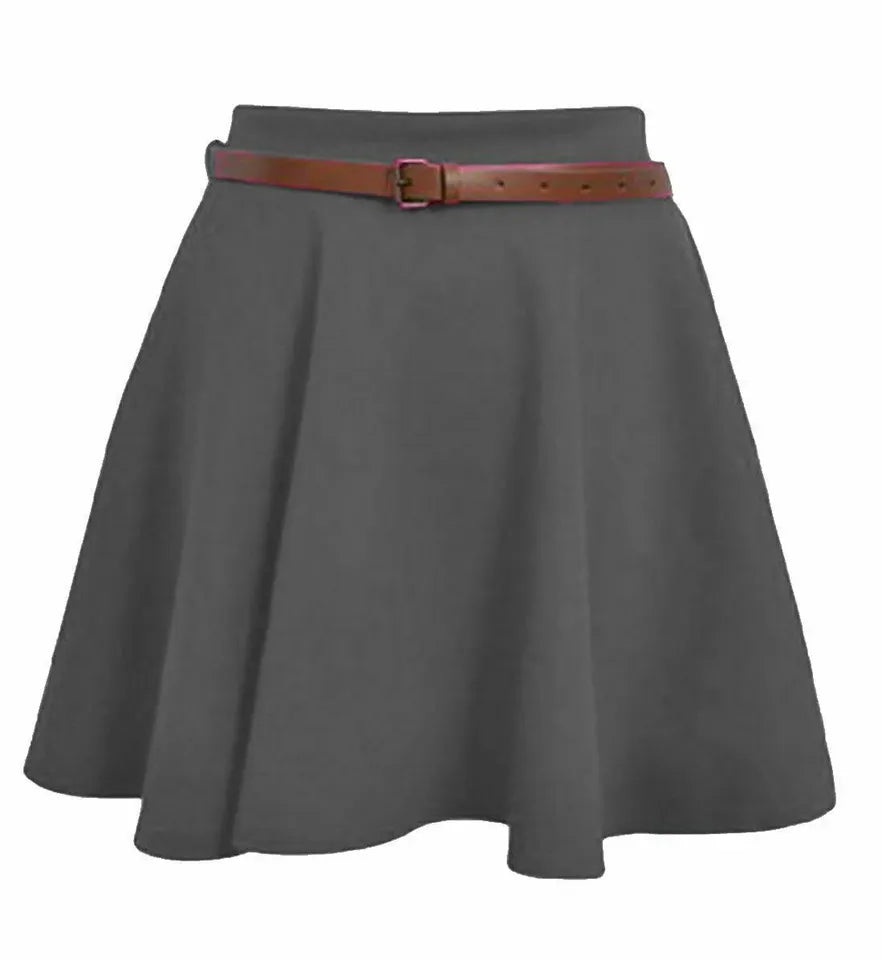 LUXE DIVA Womens Belted Flared Mini Swing Skirt Short Skater Party Plain Ladies UK 8-22