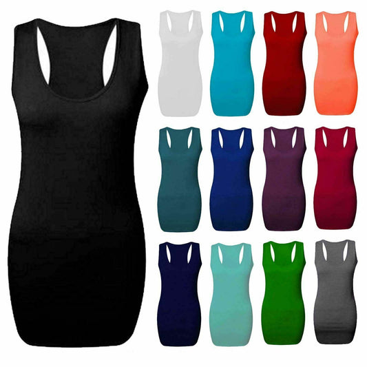 New Ladies Womens Long Racer Back Bodycon Muscle Vest Top Gym Top 8-26