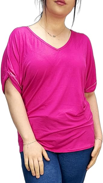 Women's New Plus Size Womens Short Turn Up Sleeve Baggy Plain Top Ladies V-Neck T-Shirt 16-26