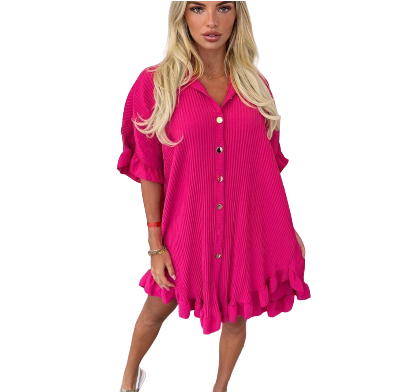 Womens Ladies Gold Button Pleated Frill Summer Shirt Swing Smock Mini Dress Top