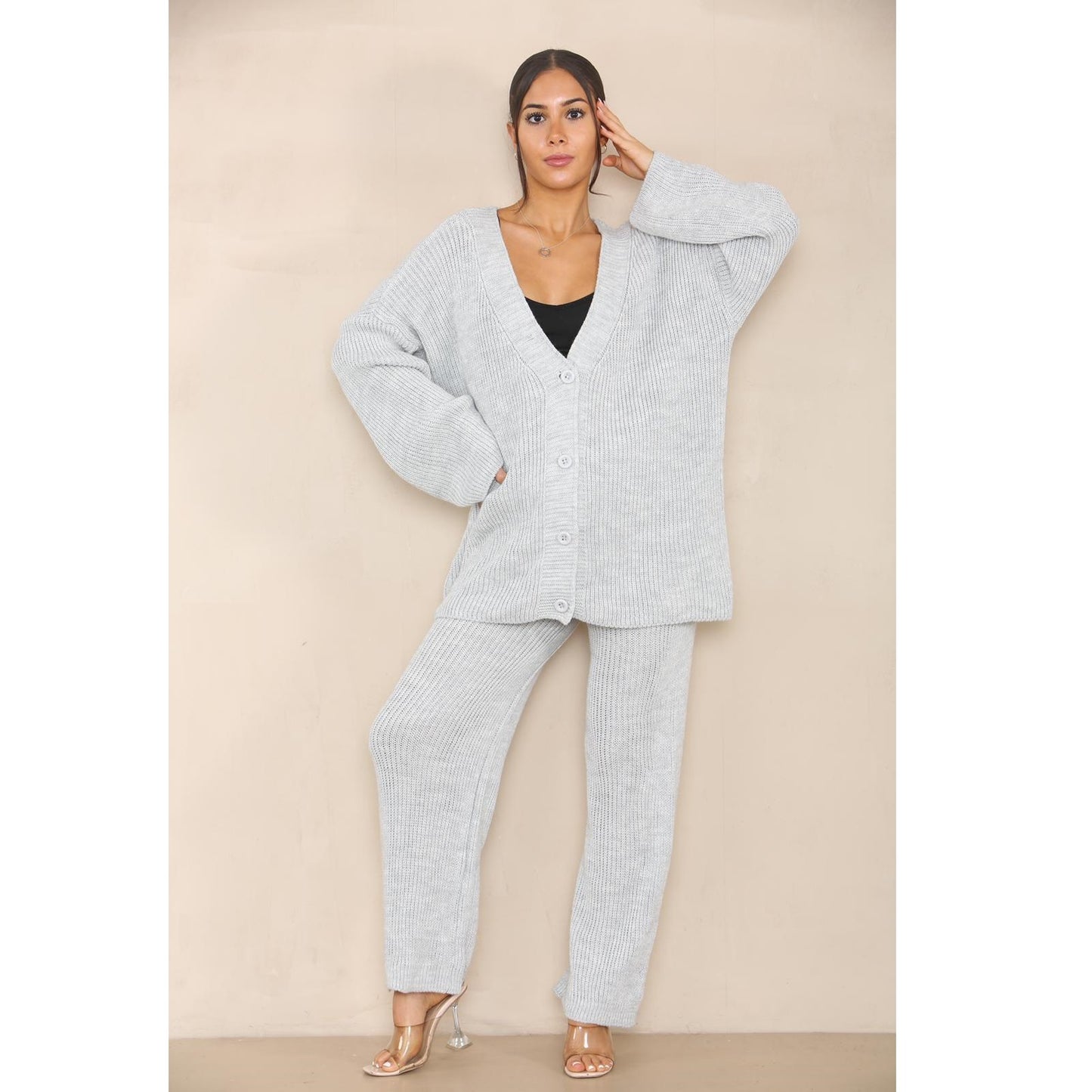 Womens Knitted Loungewear Sets Ladies Plain Chunky 4 Button Casual Winter Warm Oversized Baggy Loose Fit Ladies 2 Piece Tracksuits UK 8-14