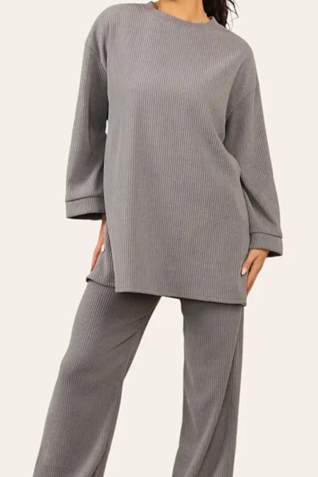 LUXE DIVA Crew Neck Wide Leg Trousers Loungewear Set Co-Ord