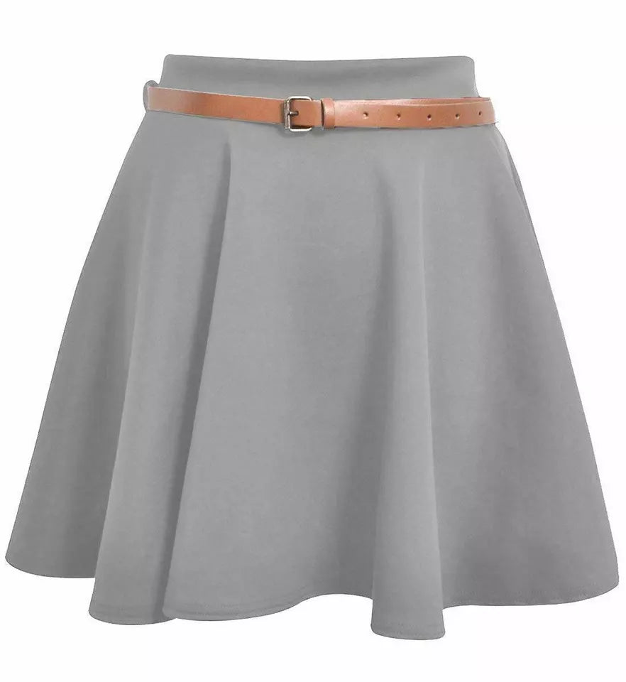 LUXE DIVA Womens Belted Flared Mini Swing Skirt Short Skater Party Plain Ladies UK 8-22