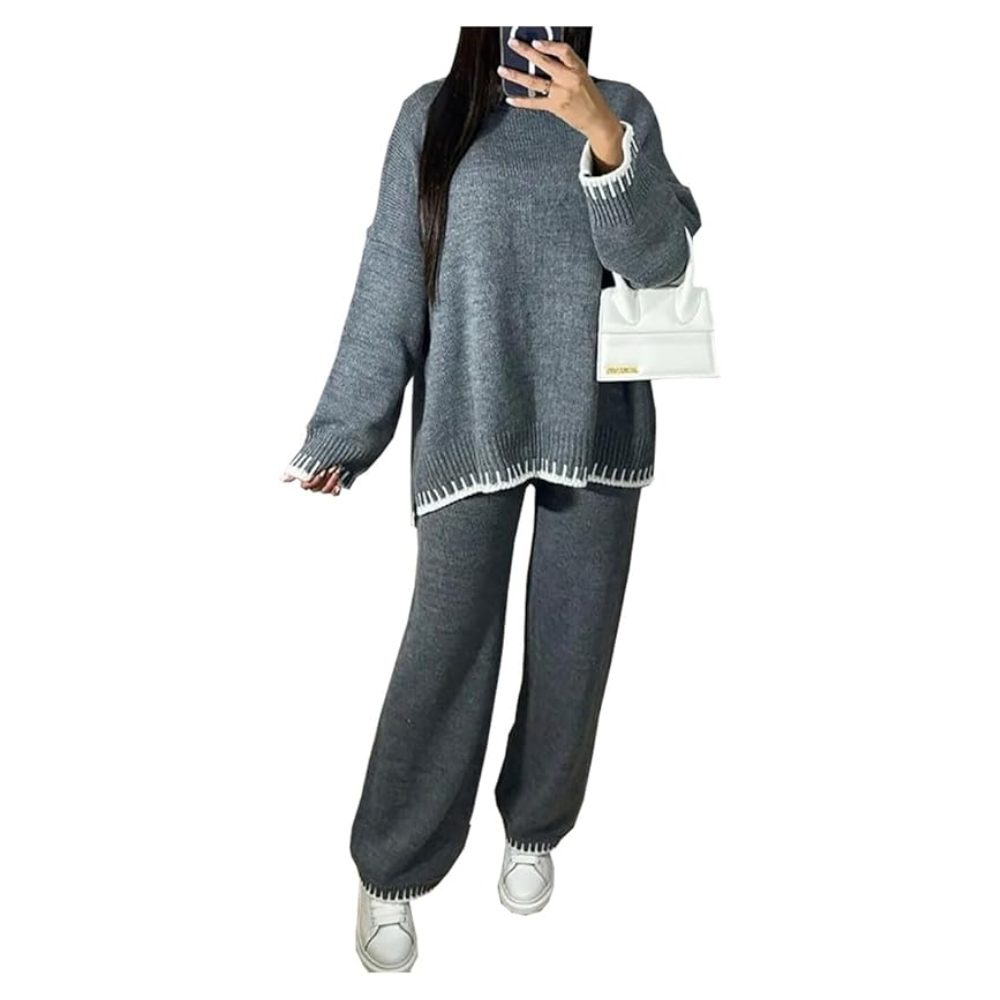 LUXE DIVA Ladies Knitted Stitched Wide Leg 2PCS Co-ord Suit Sweater Loungewear Set