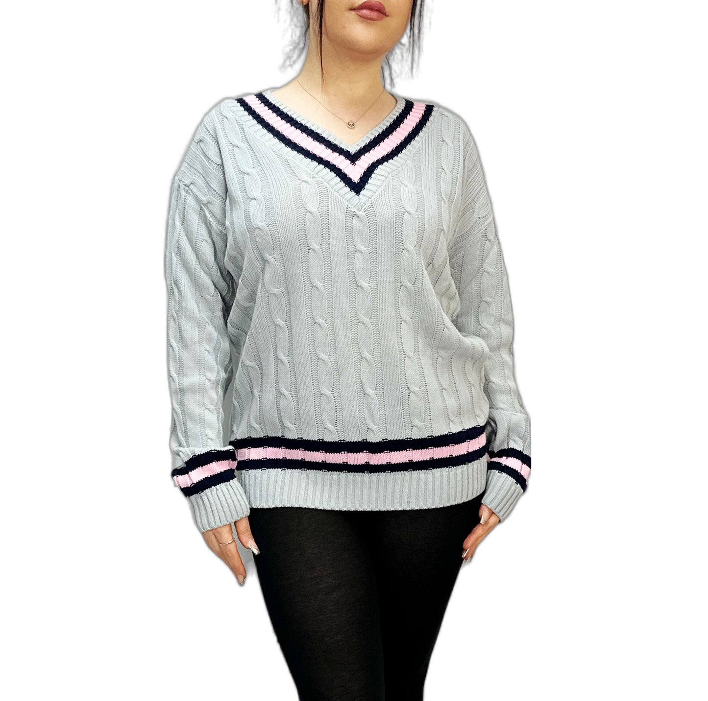 Womens New Long Sleeves Ladies Cable Knitted V Neck Stretch Cricket Sweater Jumper