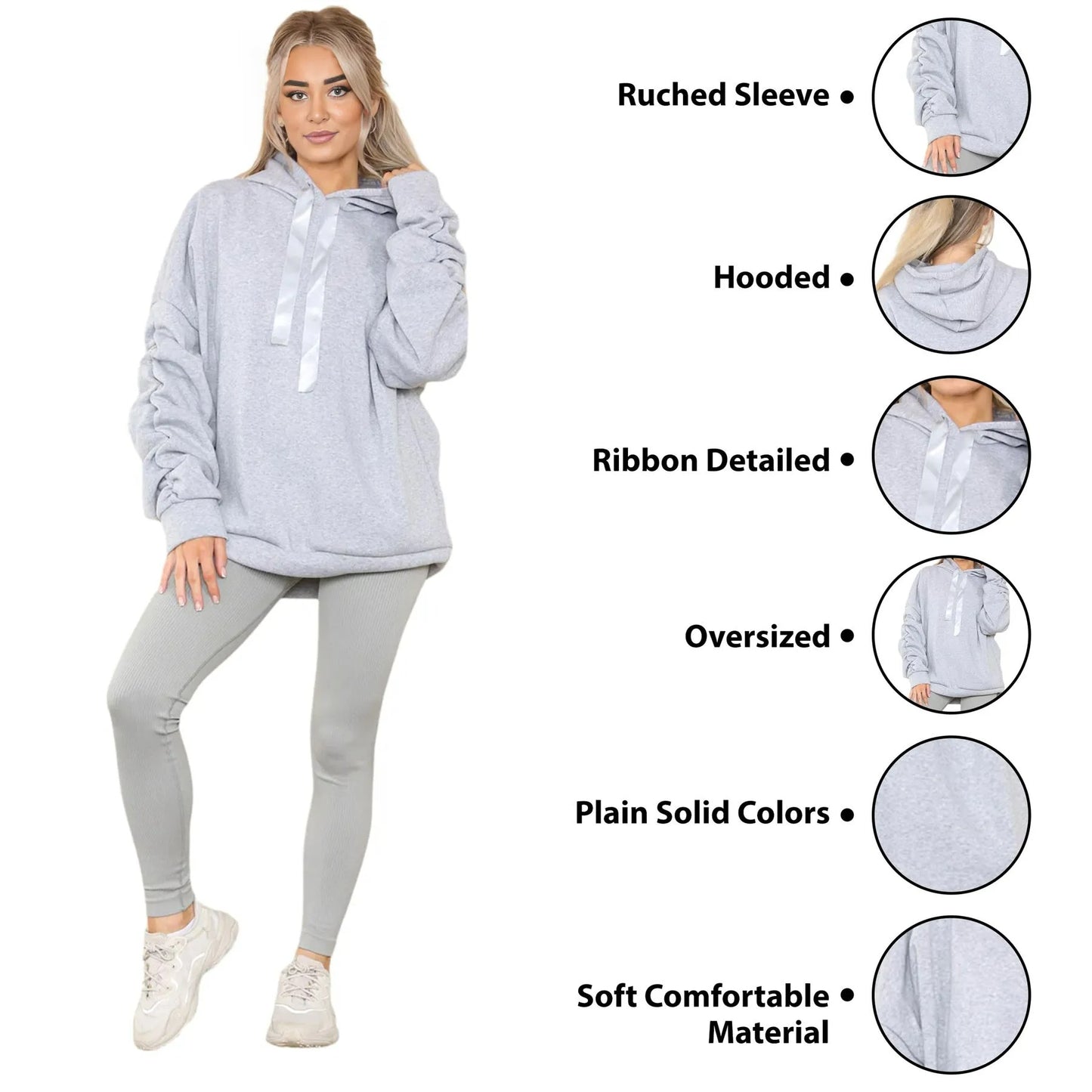 Womens Ladies Ruched Sleeve Fleece Hoodie Oversized Hooded Sweatshirt Jumper Top